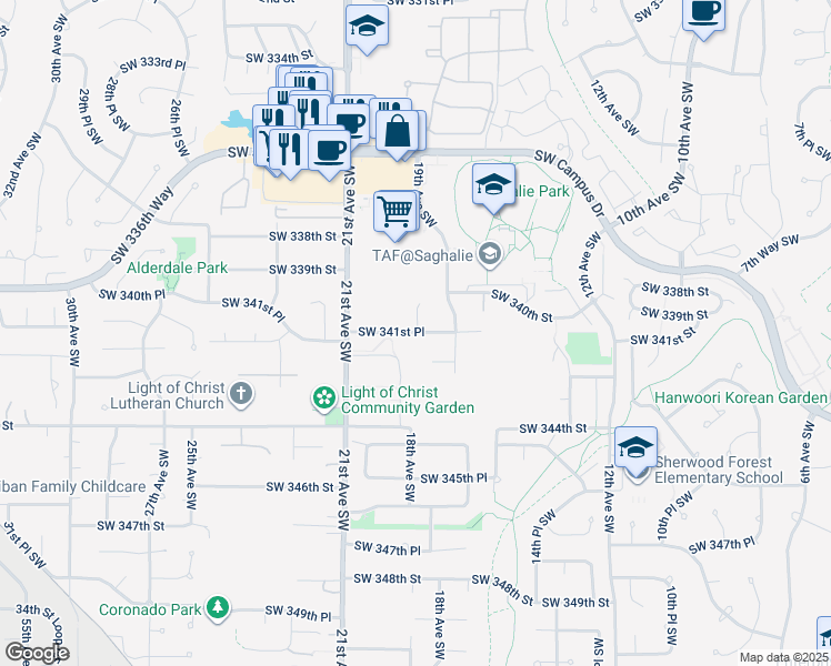 map of restaurants, bars, coffee shops, grocery stores, and more near Southwest 341st Place in Federal Way