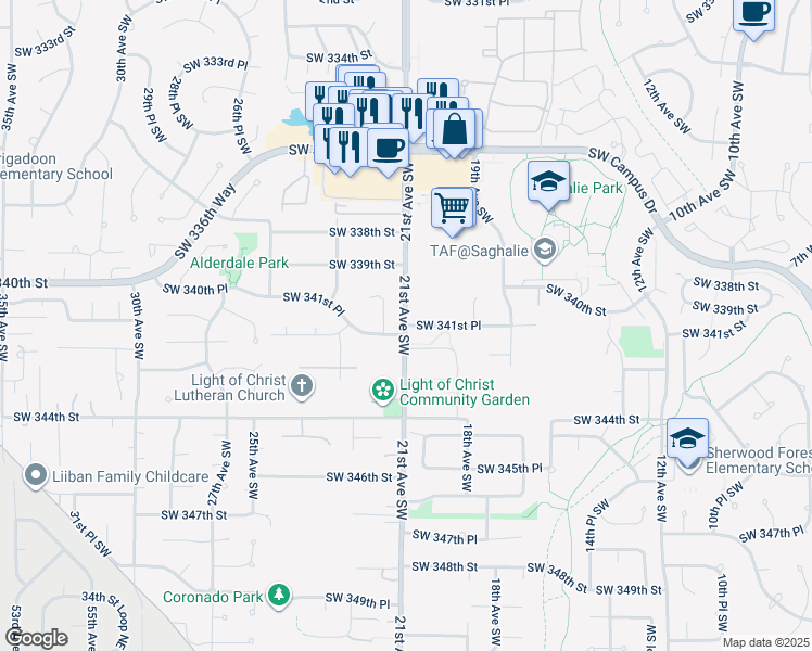 map of restaurants, bars, coffee shops, grocery stores, and more near Southwest 341st Place in Federal Way