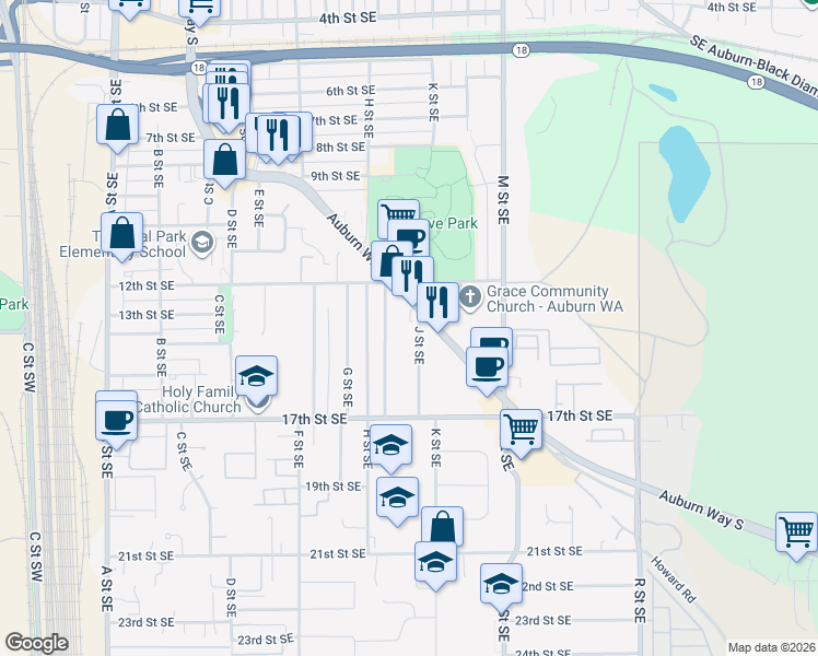map of restaurants, bars, coffee shops, grocery stores, and more near 1305 Auburn Way South in Auburn