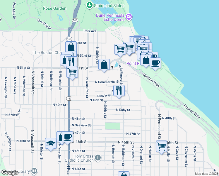 map of restaurants, bars, coffee shops, grocery stores, and more near 5324 North Commercial Street in Ruston