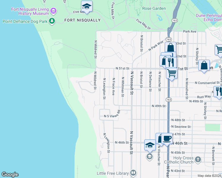 map of restaurants, bars, coffee shops, grocery stores, and more near 5001 North Lexington Street in Tacoma