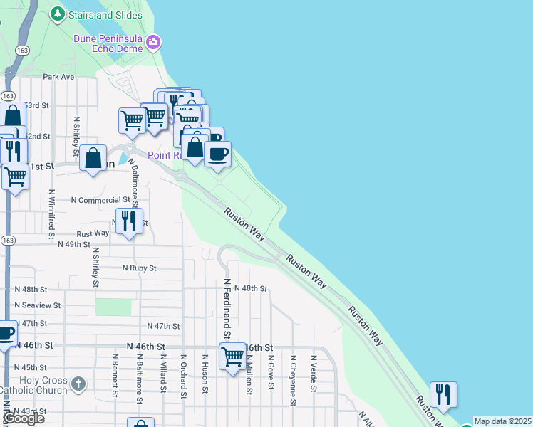 map of restaurants, bars, coffee shops, grocery stores, and more near 4907 Main Street in Tacoma