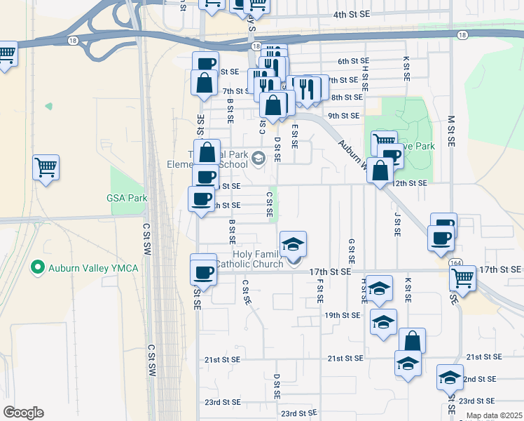 map of restaurants, bars, coffee shops, grocery stores, and more near 1292 C Court Southeast in Auburn