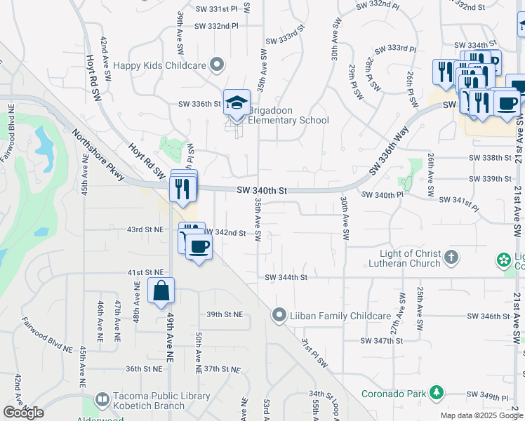 map of restaurants, bars, coffee shops, grocery stores, and more near 3403 Southwest 340th Place in Federal Way