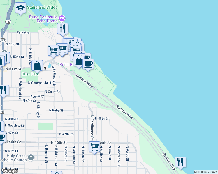 map of restaurants, bars, coffee shops, grocery stores, and more near 4907 Main Street in Tacoma