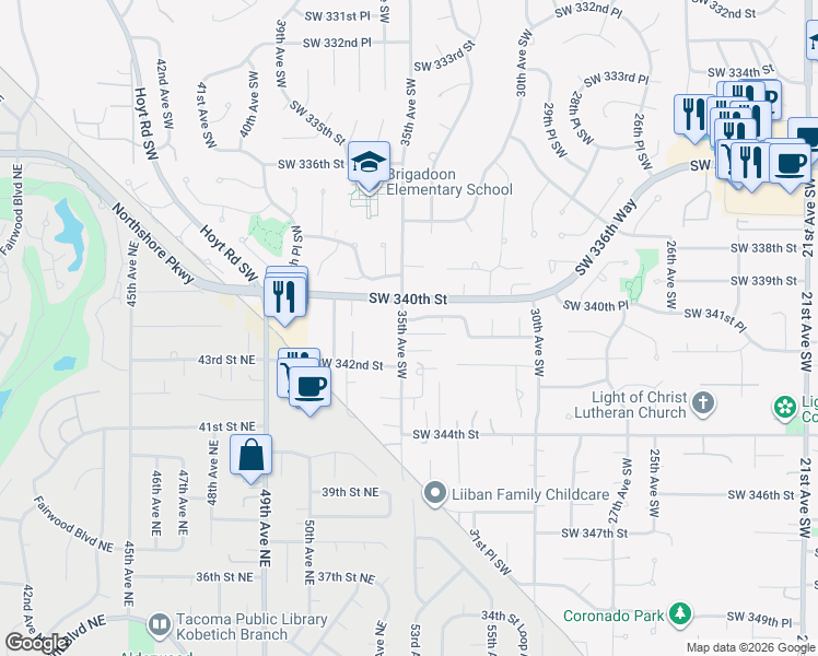 map of restaurants, bars, coffee shops, grocery stores, and more near 3403 Southwest 340th Place in Federal Way
