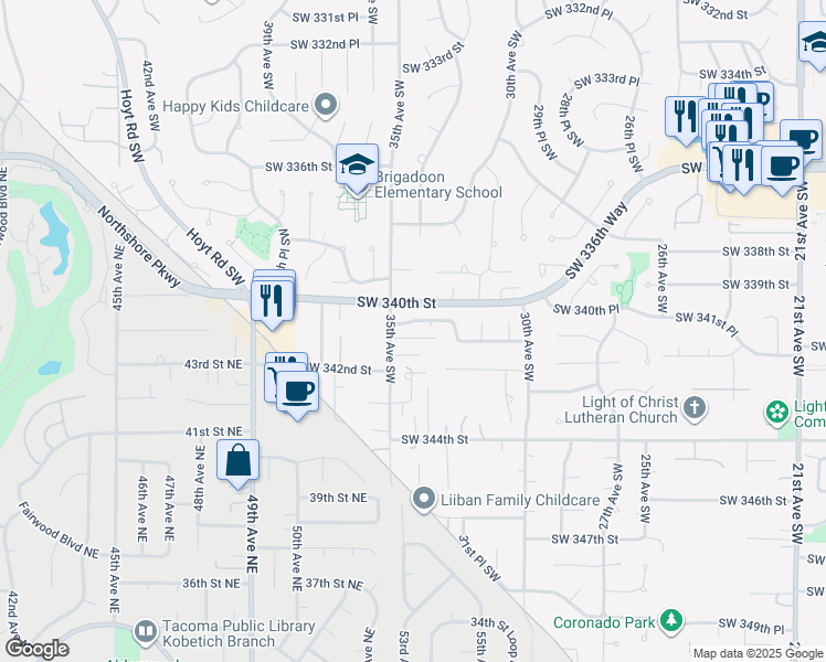 map of restaurants, bars, coffee shops, grocery stores, and more near 3403 Southwest 340th Place in Federal Way