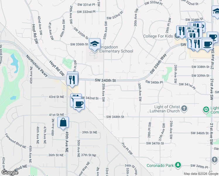 map of restaurants, bars, coffee shops, grocery stores, and more near 3403 Southwest 340th Place in Federal Way