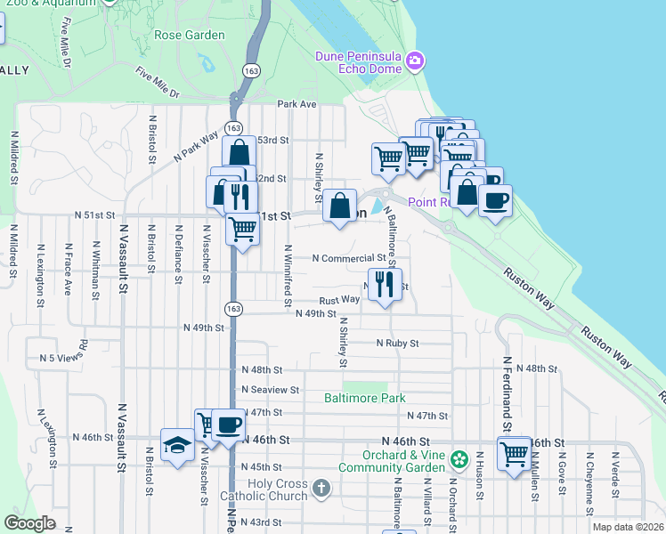 map of restaurants, bars, coffee shops, grocery stores, and more near 5334 North Commercial Street in Ruston
