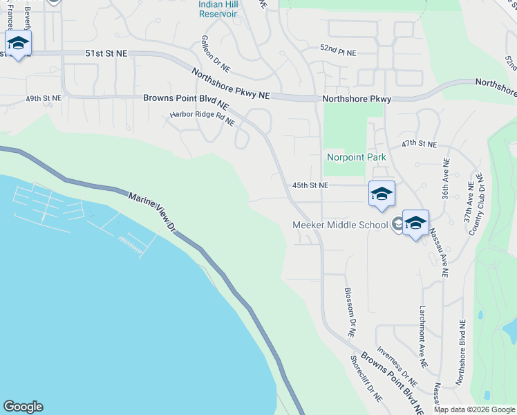 map of restaurants, bars, coffee shops, grocery stores, and more near 2814 44th Street Court Northeast in Tacoma
