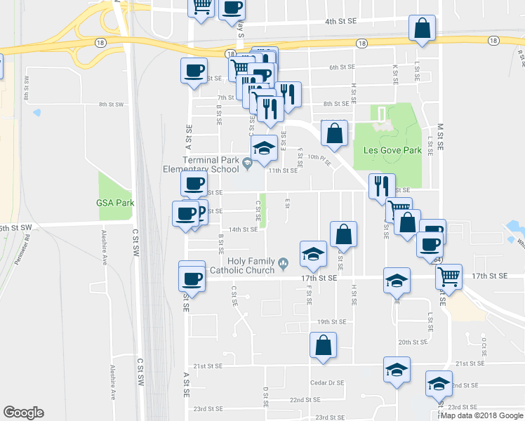 map of restaurants, bars, coffee shops, grocery stores, and more near 1292 C Court Southeast in Auburn
