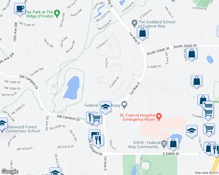 map of restaurants, bars, coffee shops, grocery stores, and more near 34034 1st Place South in Federal Way