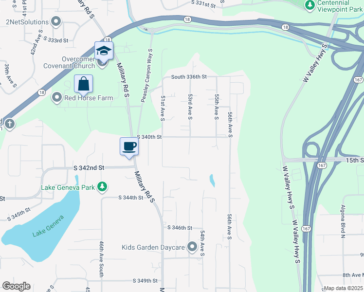 map of restaurants, bars, coffee shops, grocery stores, and more near 34015 53rd Avenue South in Auburn