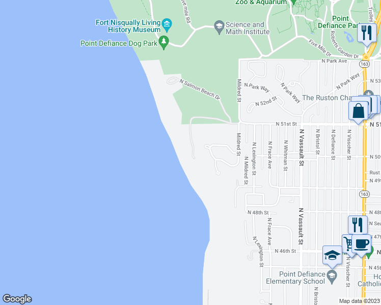 map of restaurants, bars, coffee shops, grocery stores, and more near 92 North Salmon Beach in Tacoma