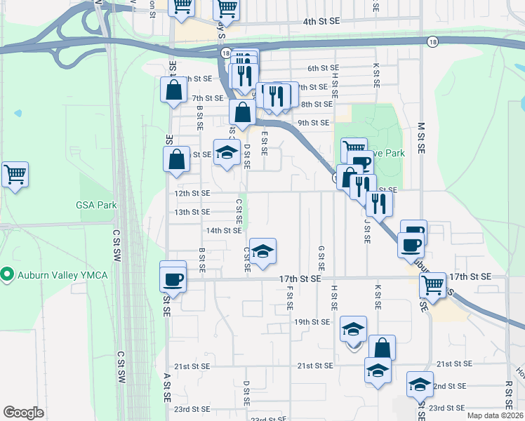 map of restaurants, bars, coffee shops, grocery stores, and more near 1217 E Street Southeast in Auburn
