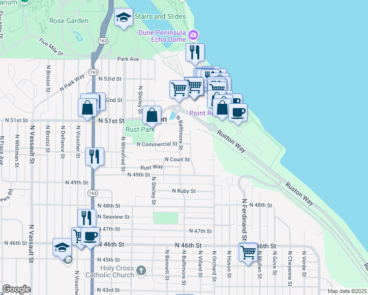 map of restaurants, bars, coffee shops, grocery stores, and more near 5228 North Commercial Street in Ruston