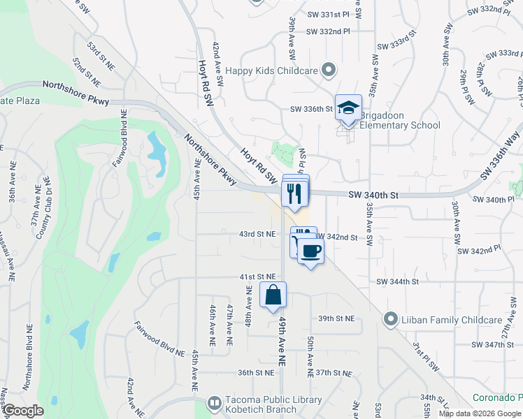 map of restaurants, bars, coffee shops, grocery stores, and more near 4565 44th Street Northeast in Tacoma