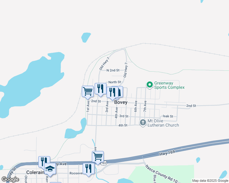 map of restaurants, bars, coffee shops, grocery stores, and more near 106 4th Avenue in Bovey