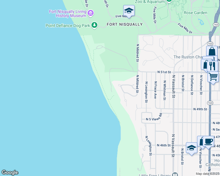 map of restaurants, bars, coffee shops, grocery stores, and more near 92 North Salmon Beach in Tacoma
