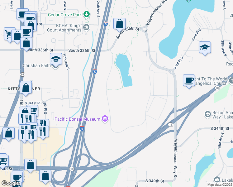 map of restaurants, bars, coffee shops, grocery stores, and more near 33663 Weyerhaeuser Way S in Federal Way