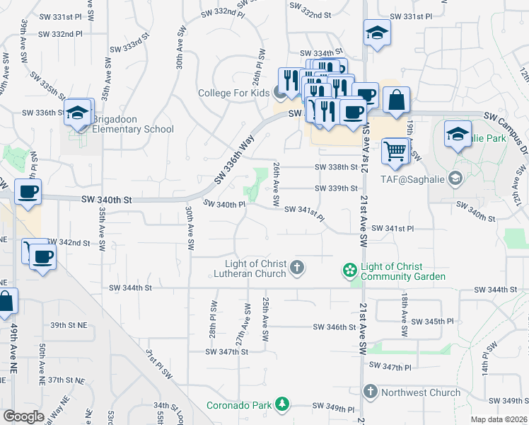 map of restaurants, bars, coffee shops, grocery stores, and more near 2613 Southwest 340th Place in Federal Way