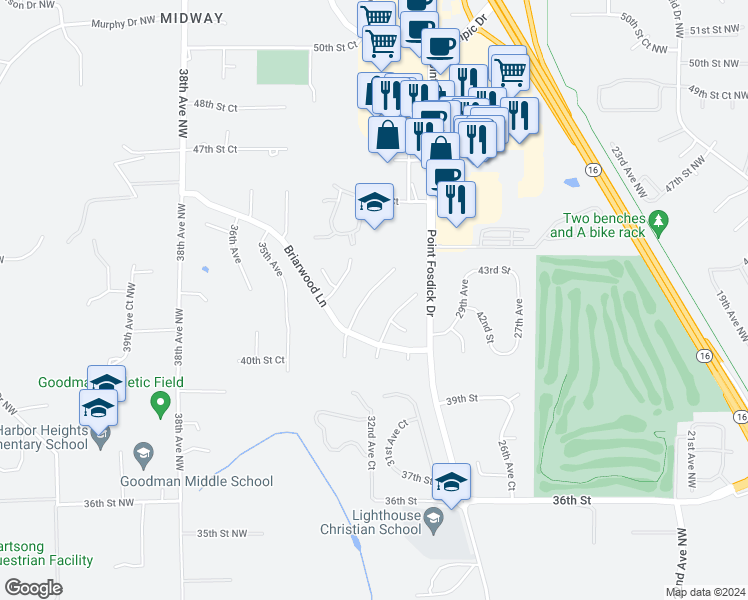 map of restaurants, bars, coffee shops, grocery stores, and more near 4211 32nd Avenue Court in Gig Harbor