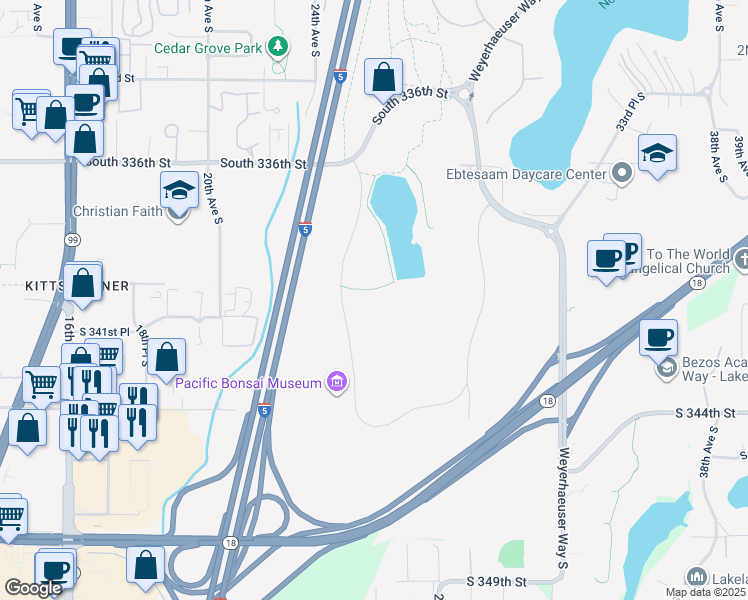 map of restaurants, bars, coffee shops, grocery stores, and more near 33663 Weyerhaeuser Way South in Federal Way