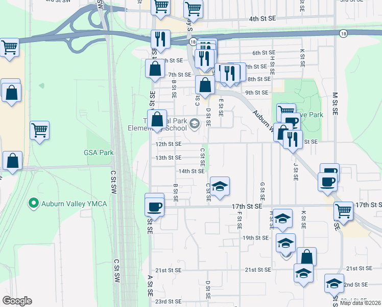 map of restaurants, bars, coffee shops, grocery stores, and more near 229 13th Street Southeast in Auburn