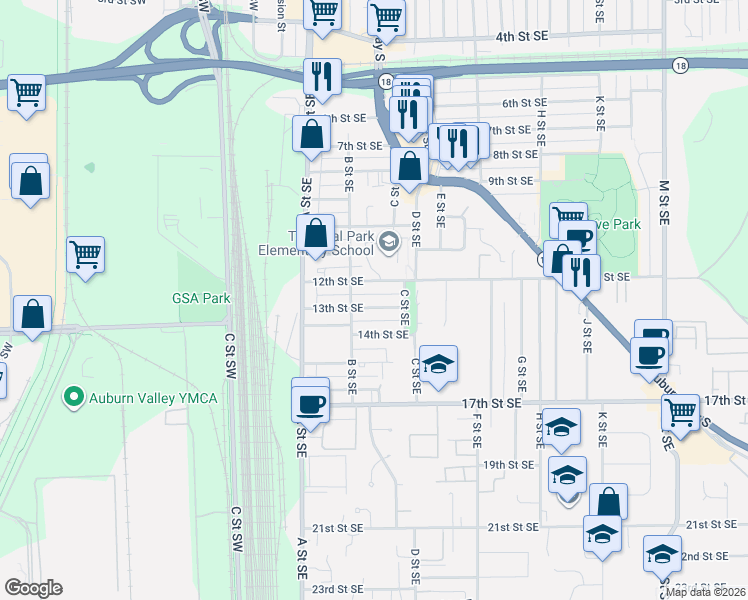 map of restaurants, bars, coffee shops, grocery stores, and more near 221 13th Street Southeast in Auburn