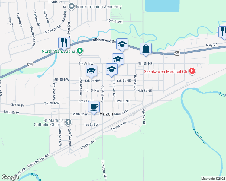 map of restaurants, bars, coffee shops, grocery stores, and more near 99 4th St NE in Hazen
