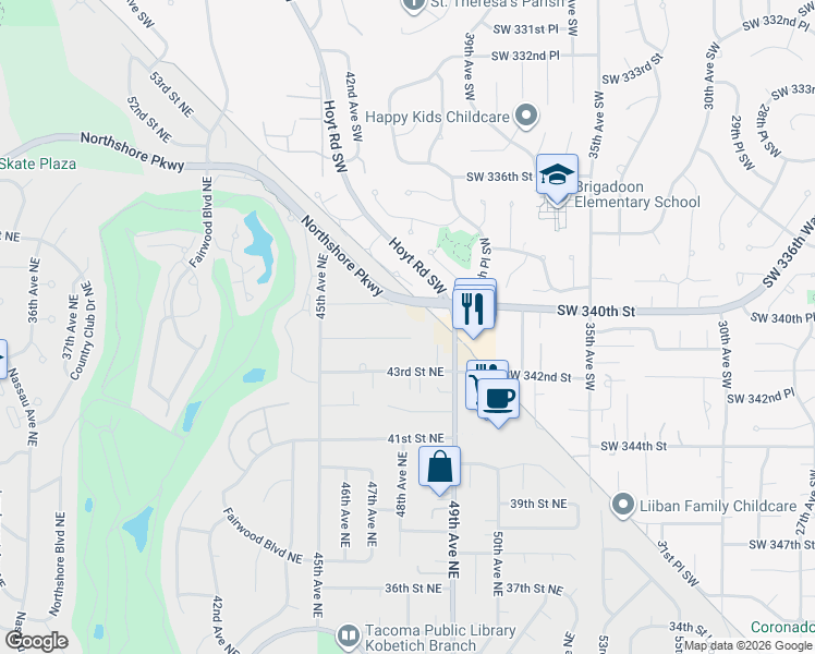 map of restaurants, bars, coffee shops, grocery stores, and more near 4565 44th Street Northeast in Tacoma