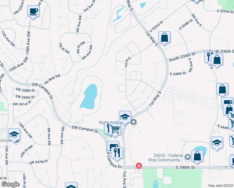 map of restaurants, bars, coffee shops, grocery stores, and more near 34015 1st Circle South in Federal Way
