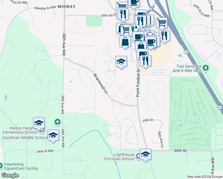 map of restaurants, bars, coffee shops, grocery stores, and more near 4215 33rd Avenue Court in Gig Harbor