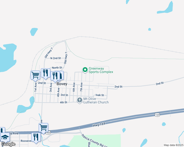 map of restaurants, bars, coffee shops, grocery stores, and more near 101 8th Avenue in Bovey