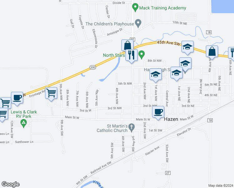 map of restaurants, bars, coffee shops, grocery stores, and more near 401 4th Avenue Northwest in Hazen