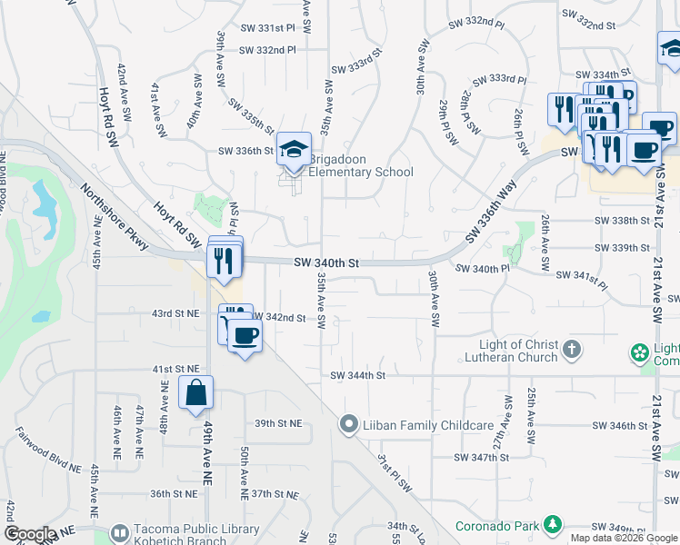 map of restaurants, bars, coffee shops, grocery stores, and more near 3403 Southwest 340th Place in Federal Way