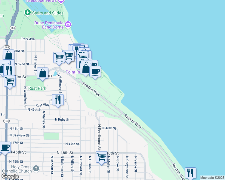 map of restaurants, bars, coffee shops, grocery stores, and more near 4907 Main Street in Tacoma