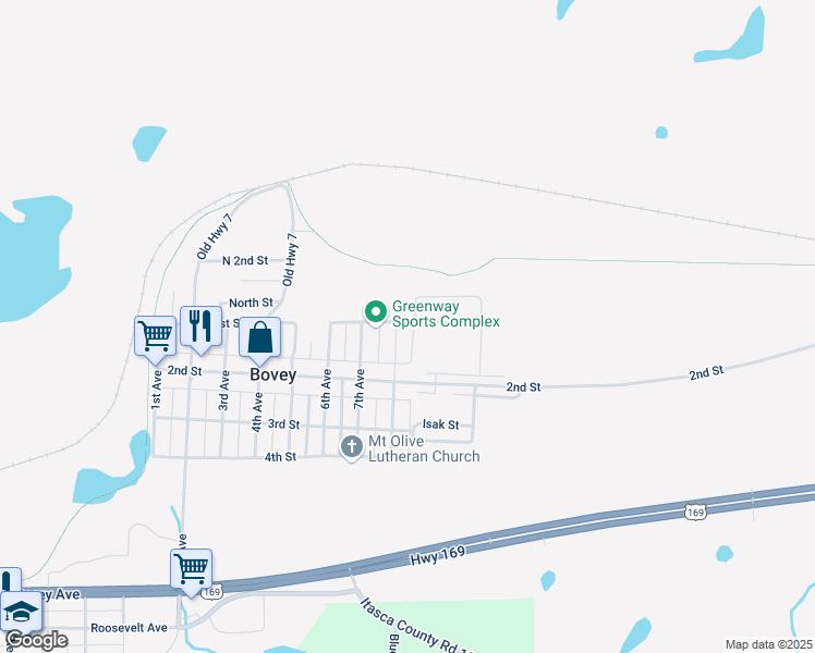 map of restaurants, bars, coffee shops, grocery stores, and more near 103 8th Avenue in Bovey