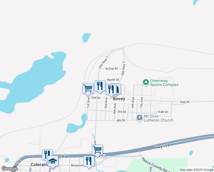 map of restaurants, bars, coffee shops, grocery stores, and more near 106 4th Avenue in Bovey