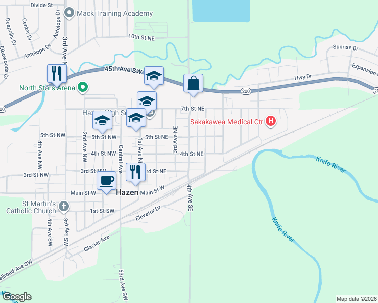 map of restaurants, bars, coffee shops, grocery stores, and more near 401 4th Avenue Northwest in Hazen