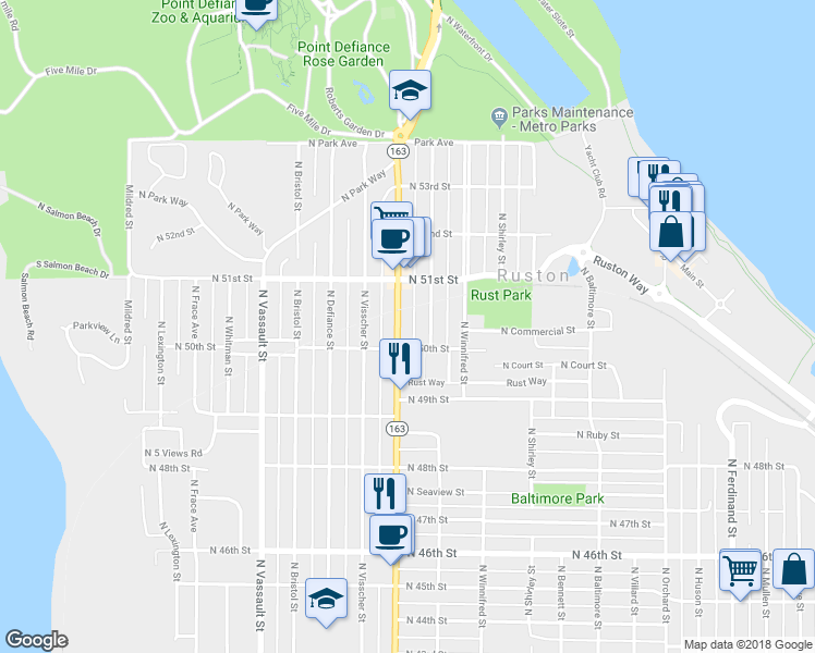 map of restaurants, bars, coffee shops, grocery stores, and more near 5017 North Pearl Street in Tacoma