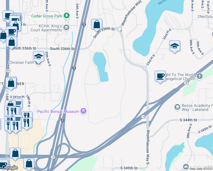 map of restaurants, bars, coffee shops, grocery stores, and more near 33663 Weyerhaeuser Way South in Federal Way