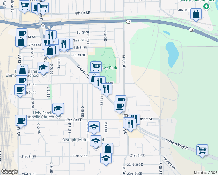 map of restaurants, bars, coffee shops, grocery stores, and more near 1002 12th Street Southeast in Auburn