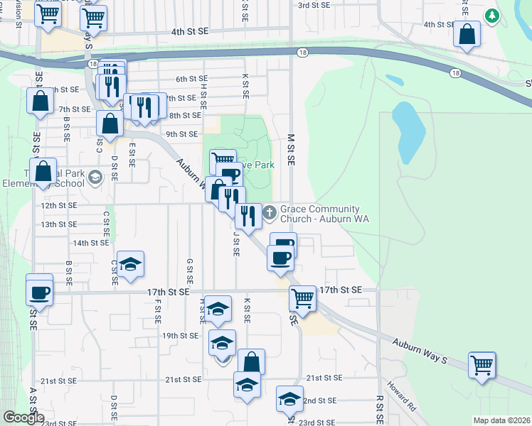 map of restaurants, bars, coffee shops, grocery stores, and more near 1002 12th Street Southeast in Auburn