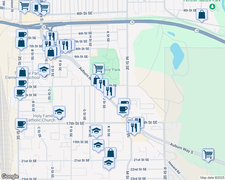 map of restaurants, bars, coffee shops, grocery stores, and more near 1002 12th Street Southeast in Auburn