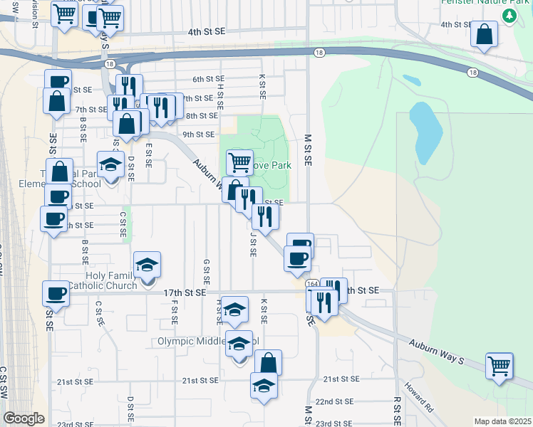 map of restaurants, bars, coffee shops, grocery stores, and more near 1002 12th Street Southeast in Auburn