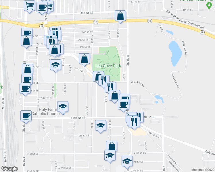 map of restaurants, bars, coffee shops, grocery stores, and more near 1305 Auburn Way South in Auburn
