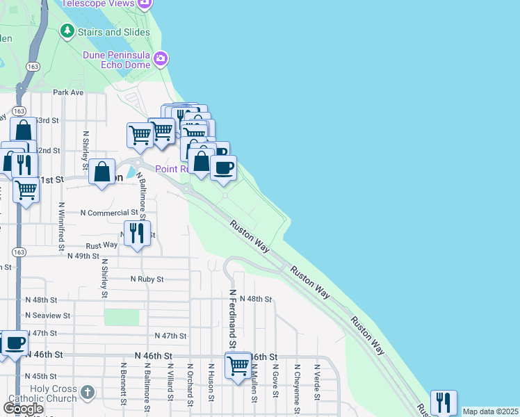map of restaurants, bars, coffee shops, grocery stores, and more near 4907 Main Street in Tacoma