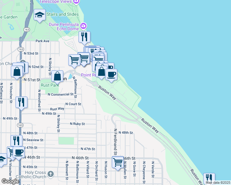 map of restaurants, bars, coffee shops, grocery stores, and more near 4970 Main Street in Tacoma