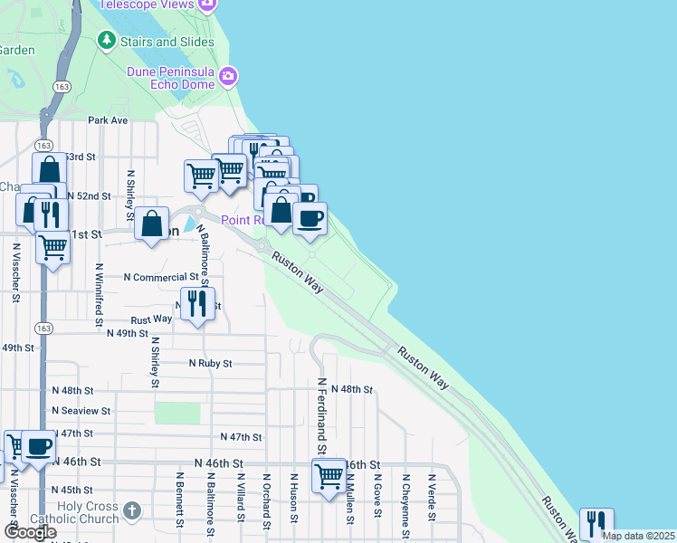 map of restaurants, bars, coffee shops, grocery stores, and more near 4961 Main Street in Tacoma